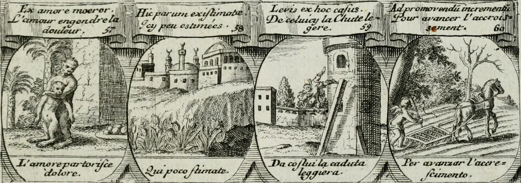 An illustration from M. Laurentii Wolfgangi Woyttens Emblematischer Parnassus : worauf die Musen, ihre Blumen-lese zu allerhand Freuden und Trauer-kränken halten. Um den Lob-werthen Tugend-chor durch angenehme rosen hergegen das ungezähmte Laster-thun mit wildem Dorn- und Distel-flor zu krönen, 1727, leaf 194