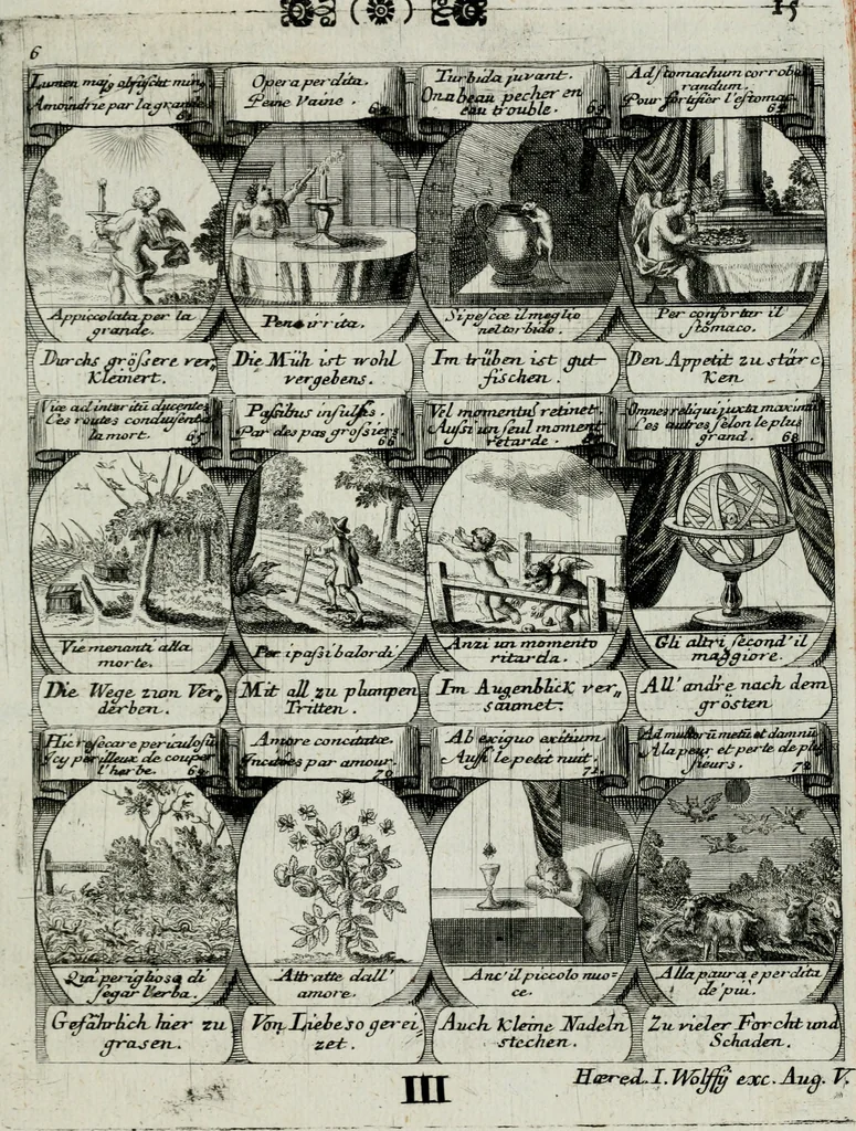 An illustration from M. Laurentii Wolfgangi Woyttens Emblematischer Parnassus : worauf die Musen, ihre Blumen-lese zu allerhand Freuden und Trauer-kränken halten. Um den Lob-werthen Tugend-chor durch angenehme rosen hergegen das ungezähmte Laster-thun mit wildem Dorn- und Distel-flor zu krönen, 1727, leaf 196