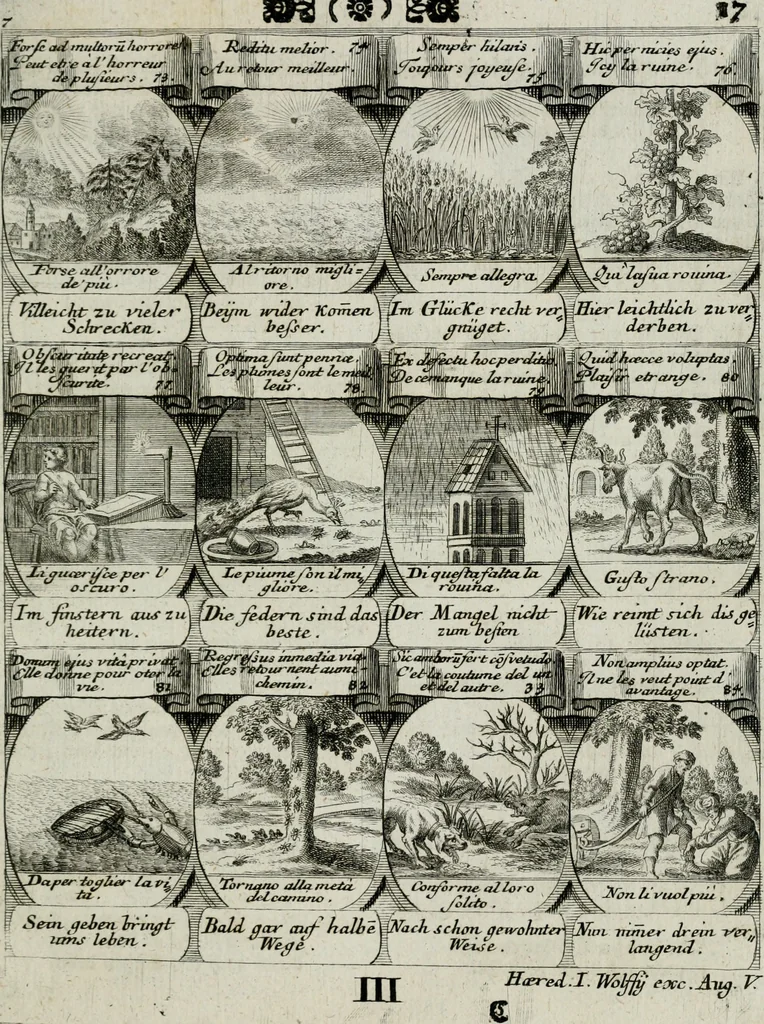 An illustration from M. Laurentii Wolfgangi Woyttens Emblematischer Parnassus : worauf die Musen, ihre Blumen-lese zu allerhand Freuden und Trauer-kränken halten. Um den Lob-werthen Tugend-chor durch angenehme rosen hergegen das ungezähmte Laster-thun mit wildem Dorn- und Distel-flor zu krönen, 1727, leaf 198