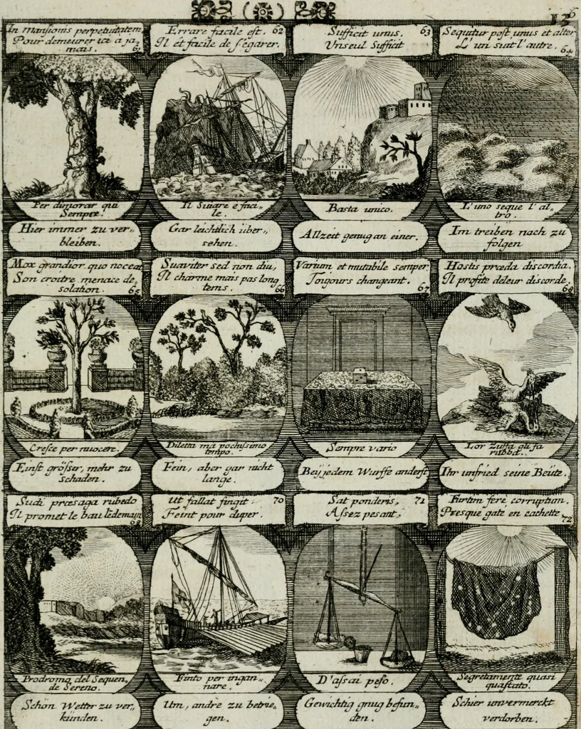 An illustration from M. Laurentii Wolfgangi Woyttens Emblematischer Parnassus : worauf die Musen, ihre Blumen-lese zu allerhand Freuden und Trauer-kränken halten. Um den Lob-werthen Tugend-chor durch angenehme rosen hergegen das ungezähmte Laster-thun mit wildem Dorn- und Distel-flor zu krönen, 1727, leaf 20