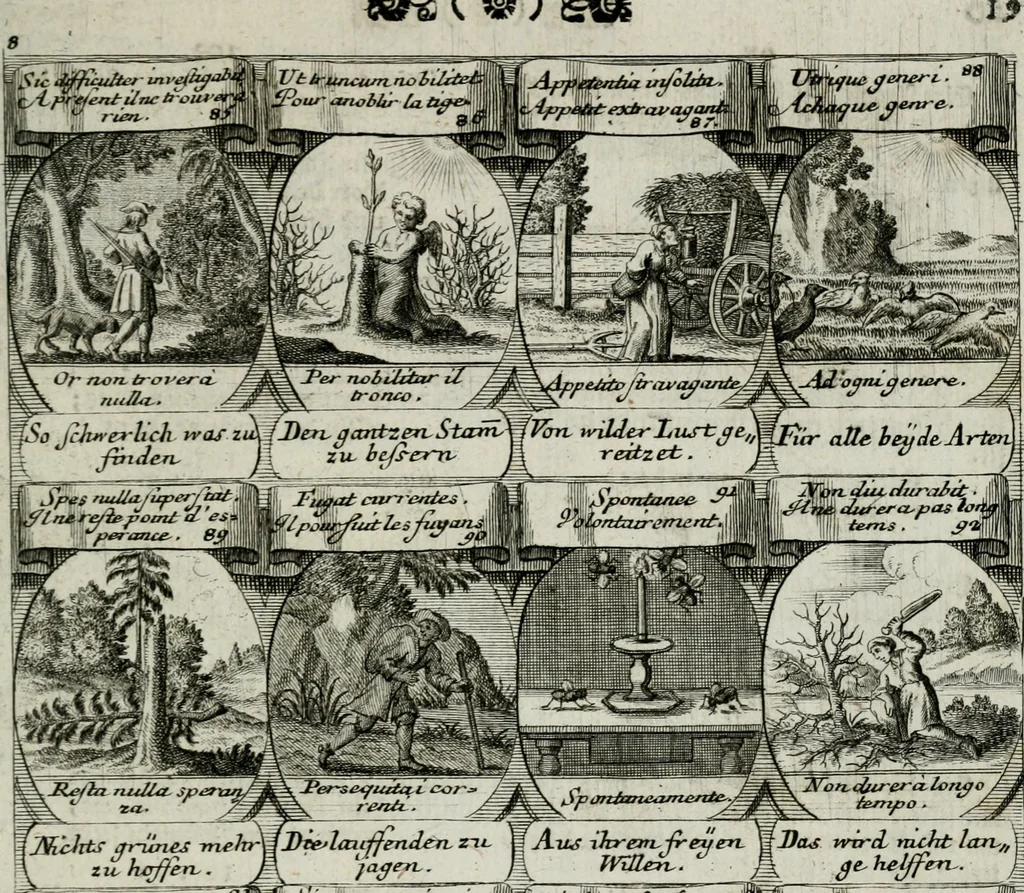 An illustration from M. Laurentii Wolfgangi Woyttens Emblematischer Parnassus : worauf die Musen, ihre Blumen-lese zu allerhand Freuden und Trauer-kränken halten. Um den Lob-werthen Tugend-chor durch angenehme rosen hergegen das ungezähmte Laster-thun mit wildem Dorn- und Distel-flor zu krönen, 1727, leaf 200