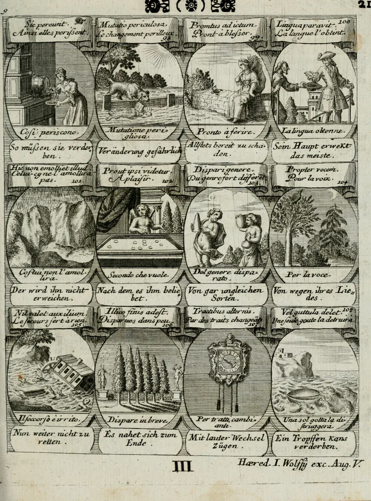 An illustration from M. Laurentii Wolfgangi Woyttens Emblematischer Parnassus : worauf die Musen, ihre Blumen-lese zu allerhand Freuden und Trauer-kränken halten. Um den Lob-werthen Tugend-chor durch angenehme rosen hergegen das ungezähmte Laster-thun mit wildem Dorn- und Distel-flor zu krönen, 1727, leaf 202