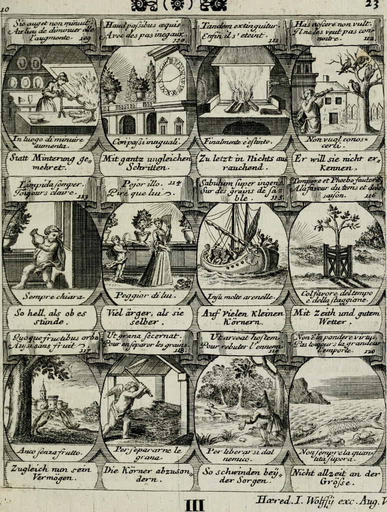 An illustration from M. Laurentii Wolfgangi Woyttens Emblematischer Parnassus : worauf die Musen, ihre Blumen-lese zu allerhand Freuden und Trauer-kränken halten. Um den Lob-werthen Tugend-chor durch angenehme rosen hergegen das ungezähmte Laster-thun mit wildem Dorn- und Distel-flor zu krönen, 1727, leaf 204