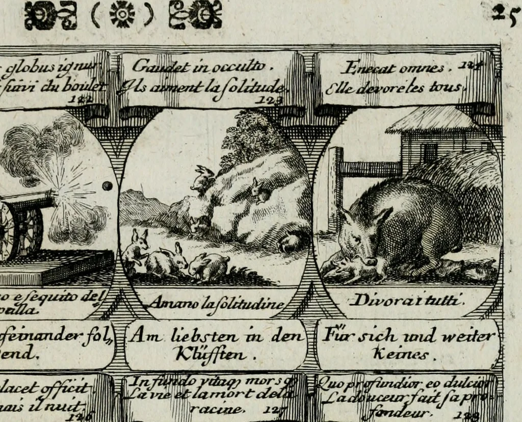 An illustration from M. Laurentii Wolfgangi Woyttens Emblematischer Parnassus : worauf die Musen, ihre Blumen-lese zu allerhand Freuden und Trauer-kränken halten. Um den Lob-werthen Tugend-chor durch angenehme rosen hergegen das ungezähmte Laster-thun mit wildem Dorn- und Distel-flor zu krönen, 1727, leaf 206