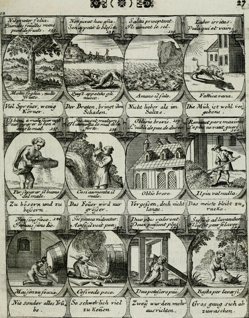 An illustration from M. Laurentii Wolfgangi Woyttens Emblematischer Parnassus : worauf die Musen, ihre Blumen-lese zu allerhand Freuden und Trauer-kränken halten. Um den Lob-werthen Tugend-chor durch angenehme rosen hergegen das ungezähmte Laster-thun mit wildem Dorn- und Distel-flor zu krönen, 1727, leaf 208
