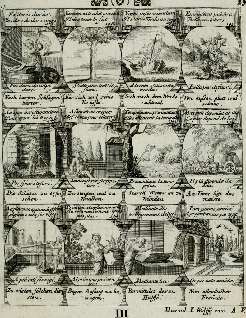 An illustration from M. Laurentii Wolfgangi Woyttens Emblematischer Parnassus : worauf die Musen, ihre Blumen-lese zu allerhand Freuden und Trauer-kränken halten. Um den Lob-werthen Tugend-chor durch angenehme rosen hergegen das ungezähmte Laster-thun mit wildem Dorn- und Distel-flor zu krönen, 1727, leaf 210