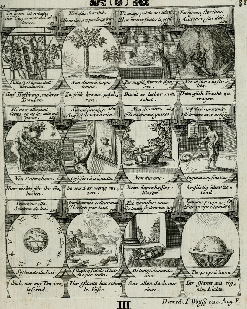 An illustration from M. Laurentii Wolfgangi Woyttens Emblematischer Parnassus : worauf die Musen, ihre Blumen-lese zu allerhand Freuden und Trauer-kränken halten. Um den Lob-werthen Tugend-chor durch angenehme rosen hergegen das ungezähmte Laster-thun mit wildem Dorn- und Distel-flor zu krönen, 1727, leaf 212