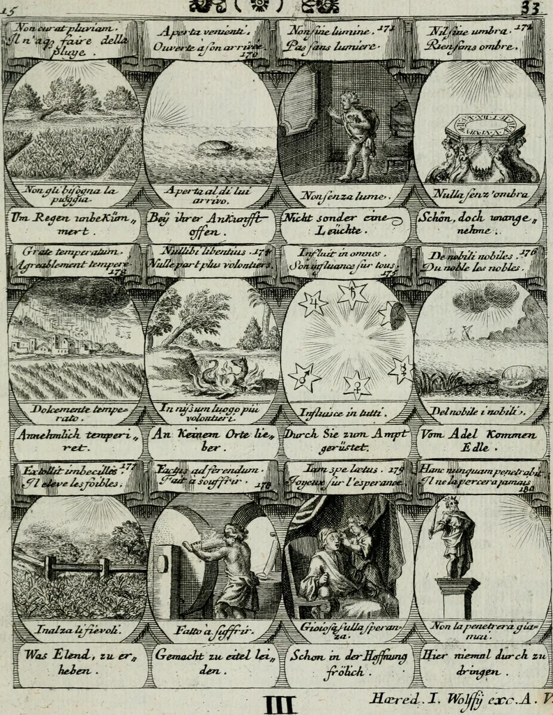 An illustration from M. Laurentii Wolfgangi Woyttens Emblematischer Parnassus : worauf die Musen, ihre Blumen-lese zu allerhand Freuden und Trauer-kränken halten. Um den Lob-werthen Tugend-chor durch angenehme rosen hergegen das ungezähmte Laster-thun mit wildem Dorn- und Distel-flor zu krönen, 1727, leaf 214