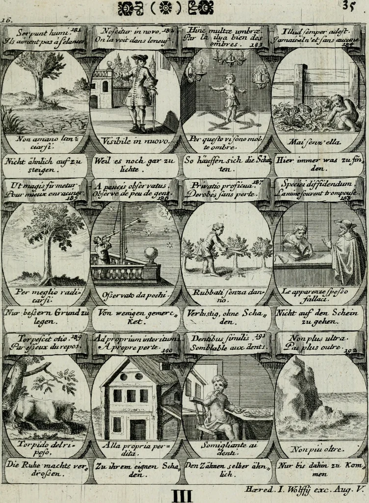 An illustration from M. Laurentii Wolfgangi Woyttens Emblematischer Parnassus : worauf die Musen, ihre Blumen-lese zu allerhand Freuden und Trauer-kränken halten. Um den Lob-werthen Tugend-chor durch angenehme rosen hergegen das ungezähmte Laster-thun mit wildem Dorn- und Distel-flor zu krönen, 1727, leaf 216
