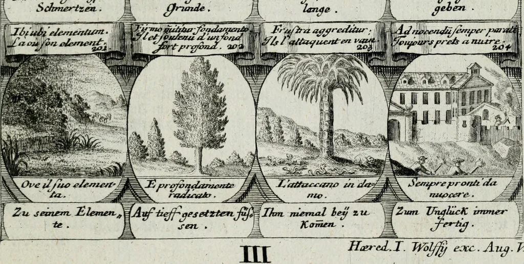 An illustration from M. Laurentii Wolfgangi Woyttens Emblematischer Parnassus : worauf die Musen, ihre Blumen-lese zu allerhand Freuden und Trauer-kränken halten. Um den Lob-werthen Tugend-chor durch angenehme rosen hergegen das ungezähmte Laster-thun mit wildem Dorn- und Distel-flor zu krönen, 1727, leaf 218