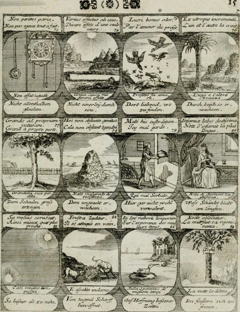 An illustration from M. Laurentii Wolfgangi Woyttens Emblematischer Parnassus : worauf die Musen, ihre Blumen-lese zu allerhand Freuden und Trauer-kränken halten. Um den Lob-werthen Tugend-chor durch angenehme rosen hergegen das ungezähmte Laster-thun mit wildem Dorn- und Distel-flor zu krönen, 1727, leaf 22