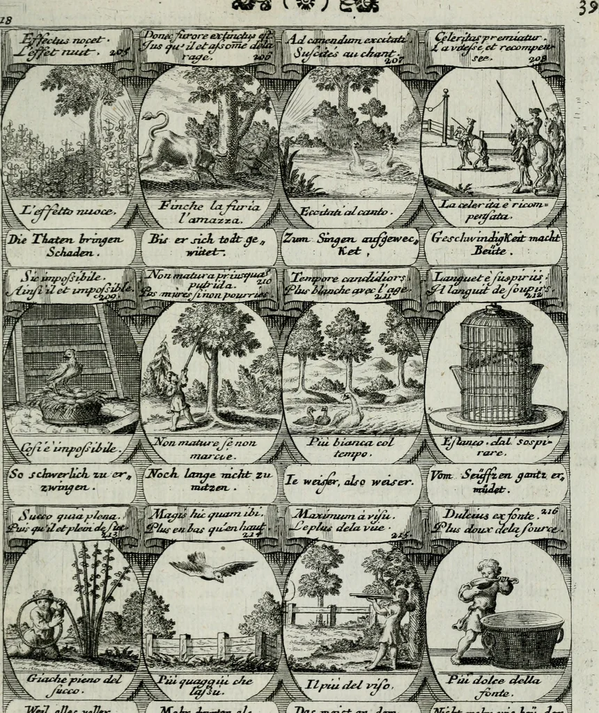 An illustration from M. Laurentii Wolfgangi Woyttens Emblematischer Parnassus : worauf die Musen, ihre Blumen-lese zu allerhand Freuden und Trauer-kränken halten. Um den Lob-werthen Tugend-chor durch angenehme rosen hergegen das ungezähmte Laster-thun mit wildem Dorn- und Distel-flor zu krönen, 1727, leaf 220