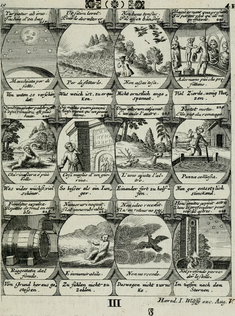 An illustration from M. Laurentii Wolfgangi Woyttens Emblematischer Parnassus : worauf die Musen, ihre Blumen-lese zu allerhand Freuden und Trauer-kränken halten. Um den Lob-werthen Tugend-chor durch angenehme rosen hergegen das ungezähmte Laster-thun mit wildem Dorn- und Distel-flor zu krönen, 1727, leaf 222