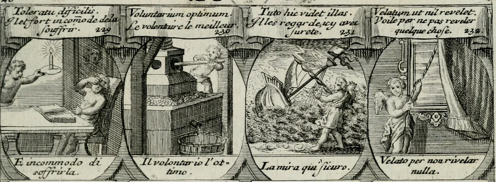 An illustration from M. Laurentii Wolfgangi Woyttens Emblematischer Parnassus : worauf die Musen, ihre Blumen-lese zu allerhand Freuden und Trauer-kränken halten. Um den Lob-werthen Tugend-chor durch angenehme rosen hergegen das ungezähmte Laster-thun mit wildem Dorn- und Distel-flor zu krönen, 1727, leaf 224