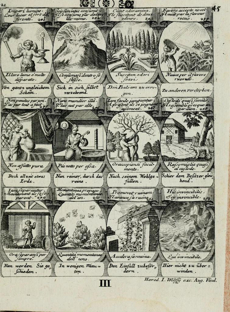 An illustration from M. Laurentii Wolfgangi Woyttens Emblematischer Parnassus : worauf die Musen, ihre Blumen-lese zu allerhand Freuden und Trauer-kränken halten. Um den Lob-werthen Tugend-chor durch angenehme rosen hergegen das ungezähmte Laster-thun mit wildem Dorn- und Distel-flor zu krönen, 1727, leaf 226