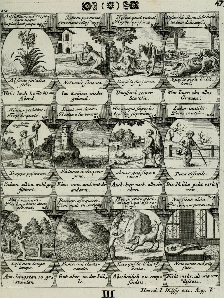 An illustration from M. Laurentii Wolfgangi Woyttens Emblematischer Parnassus : worauf die Musen, ihre Blumen-lese zu allerhand Freuden und Trauer-kränken halten. Um den Lob-werthen Tugend-chor durch angenehme rosen hergegen das ungezähmte Laster-thun mit wildem Dorn- und Distel-flor zu krönen, 1727, leaf 228