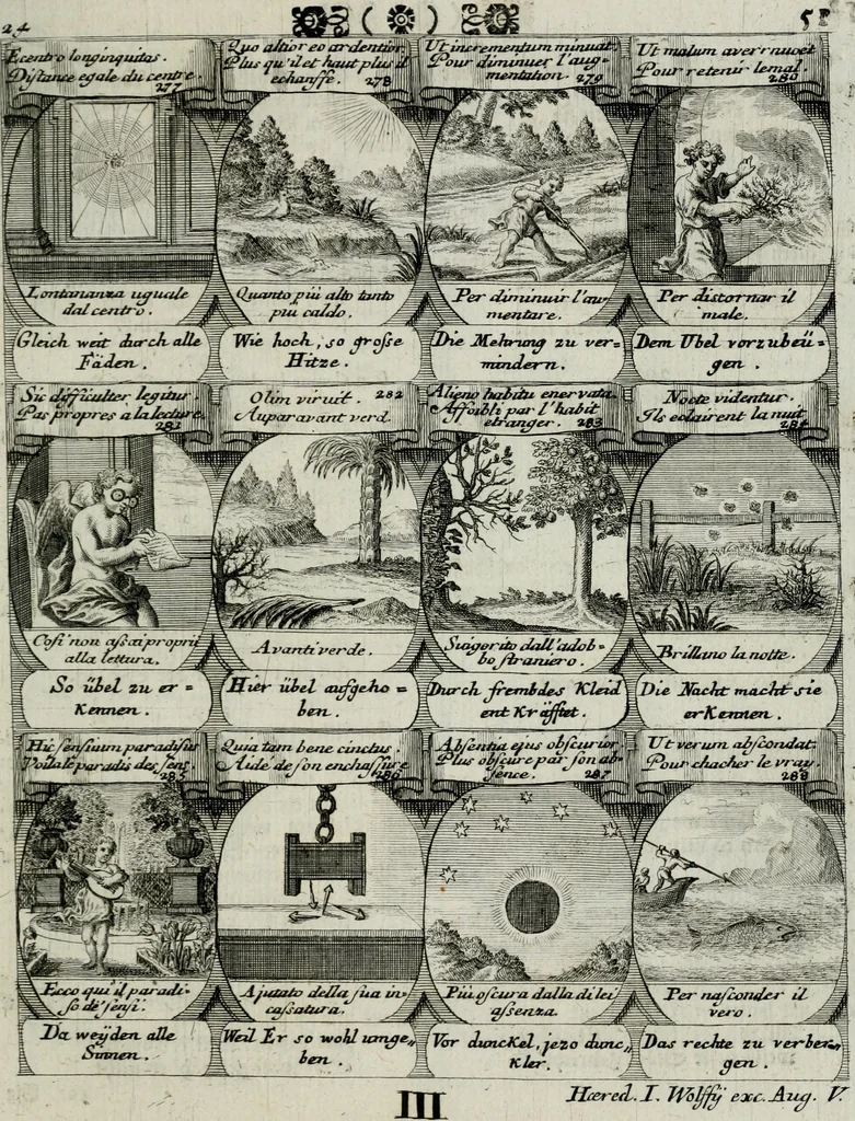 An illustration from M. Laurentii Wolfgangi Woyttens Emblematischer Parnassus : worauf die Musen, ihre Blumen-lese zu allerhand Freuden und Trauer-kränken halten. Um den Lob-werthen Tugend-chor durch angenehme rosen hergegen das ungezähmte Laster-thun mit wildem Dorn- und Distel-flor zu krönen, 1727, leaf 232