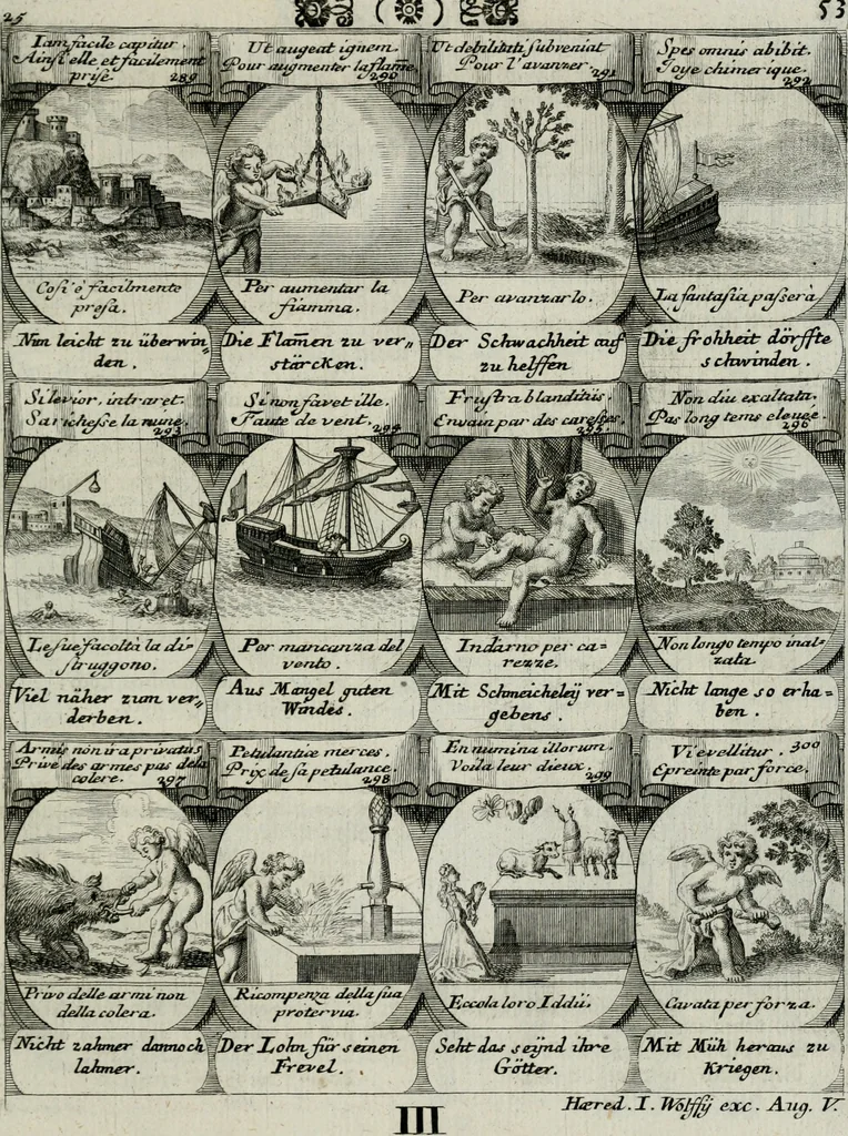 An illustration from M. Laurentii Wolfgangi Woyttens Emblematischer Parnassus : worauf die Musen, ihre Blumen-lese zu allerhand Freuden und Trauer-kränken halten. Um den Lob-werthen Tugend-chor durch angenehme rosen hergegen das ungezähmte Laster-thun mit wildem Dorn- und Distel-flor zu krönen, 1727, leaf 234