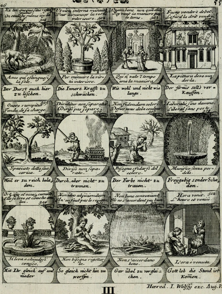 An illustration from M. Laurentii Wolfgangi Woyttens Emblematischer Parnassus : worauf die Musen, ihre Blumen-lese zu allerhand Freuden und Trauer-kränken halten. Um den Lob-werthen Tugend-chor durch angenehme rosen hergegen das ungezähmte Laster-thun mit wildem Dorn- und Distel-flor zu krönen, 1727, leaf 236