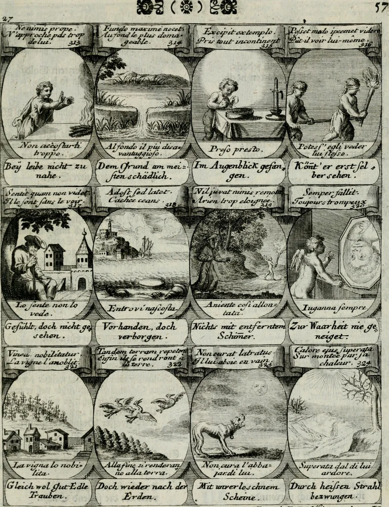 An illustration from M. Laurentii Wolfgangi Woyttens Emblematischer Parnassus : worauf die Musen, ihre Blumen-lese zu allerhand Freuden und Trauer-kränken halten. Um den Lob-werthen Tugend-chor durch angenehme rosen hergegen das ungezähmte Laster-thun mit wildem Dorn- und Distel-flor zu krönen, 1727, leaf 238