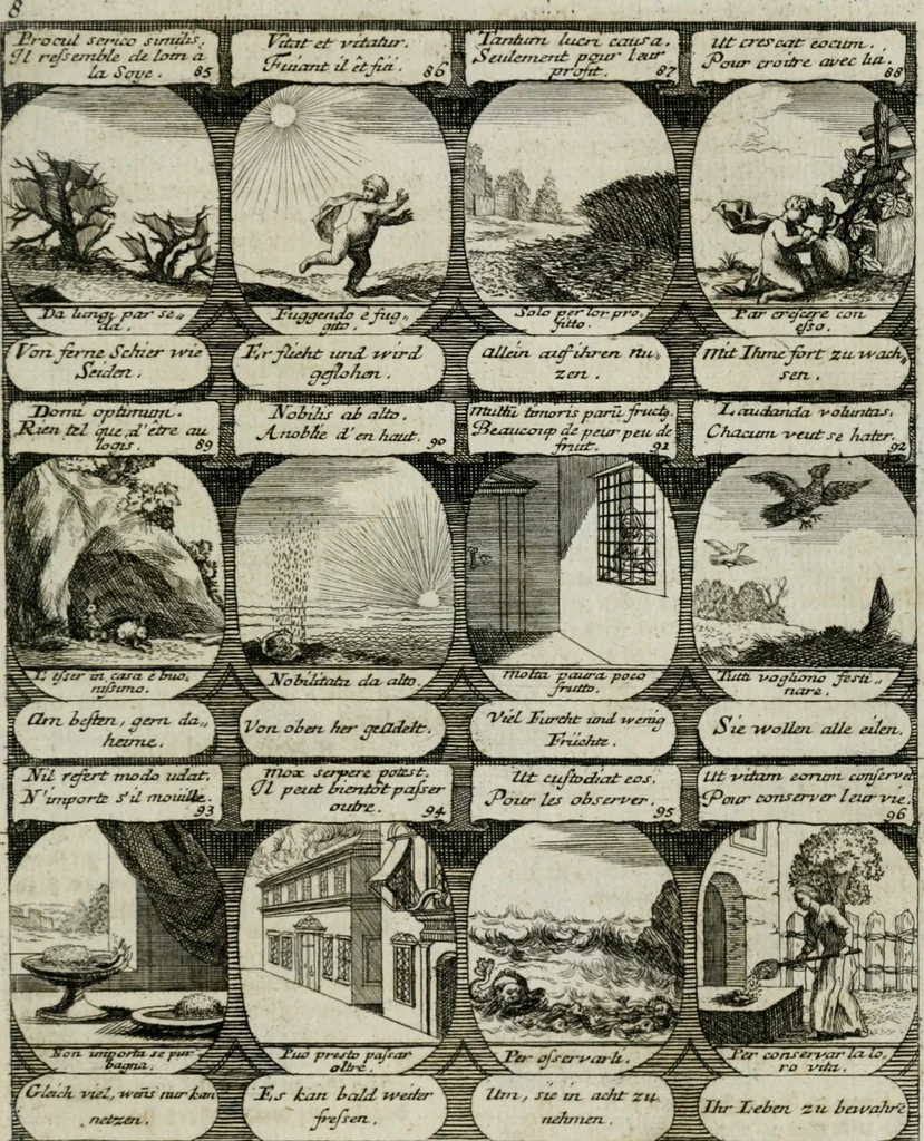 An illustration from M. Laurentii Wolfgangi Woyttens Emblematischer Parnassus : worauf die Musen, ihre Blumen-lese zu allerhand Freuden und Trauer-kränken halten. Um den Lob-werthen Tugend-chor durch angenehme rosen hergegen das ungezähmte Laster-thun mit wildem Dorn- und Distel-flor zu krönen, 1727, leaf 24