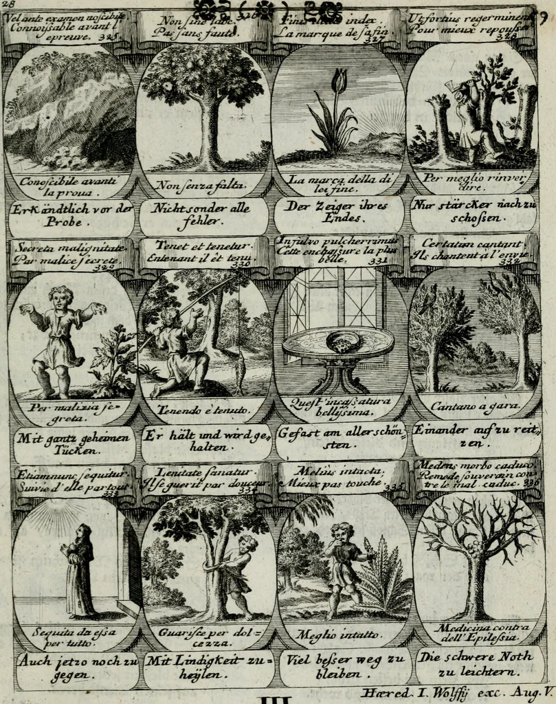 An illustration from M. Laurentii Wolfgangi Woyttens Emblematischer Parnassus : worauf die Musen, ihre Blumen-lese zu allerhand Freuden und Trauer-kränken halten. Um den Lob-werthen Tugend-chor durch angenehme rosen hergegen das ungezähmte Laster-thun mit wildem Dorn- und Distel-flor zu krönen, 1727, leaf 240