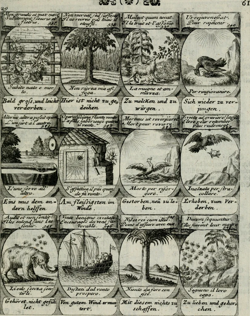 An illustration from M. Laurentii Wolfgangi Woyttens Emblematischer Parnassus : worauf die Musen, ihre Blumen-lese zu allerhand Freuden und Trauer-kränken halten. Um den Lob-werthen Tugend-chor durch angenehme rosen hergegen das ungezähmte Laster-thun mit wildem Dorn- und Distel-flor zu krönen, 1727, leaf 242