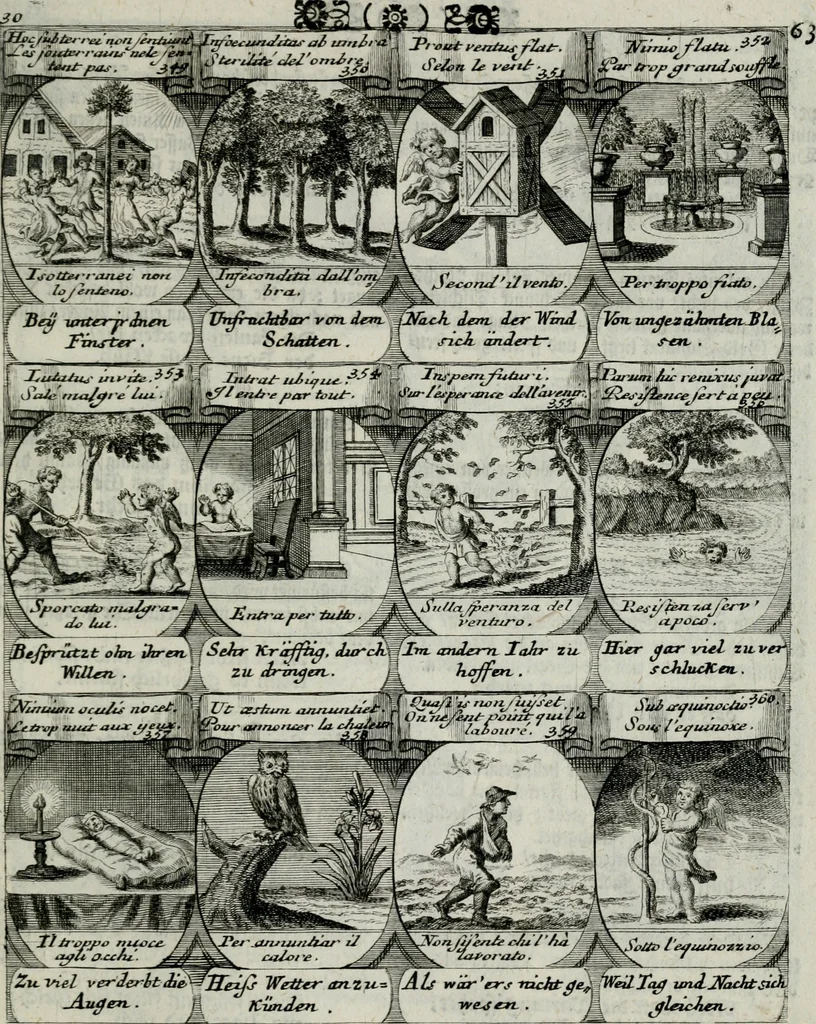 An illustration from M. Laurentii Wolfgangi Woyttens Emblematischer Parnassus : worauf die Musen, ihre Blumen-lese zu allerhand Freuden und Trauer-kränken halten. Um den Lob-werthen Tugend-chor durch angenehme rosen hergegen das ungezähmte Laster-thun mit wildem Dorn- und Distel-flor zu krönen, 1727, leaf 244