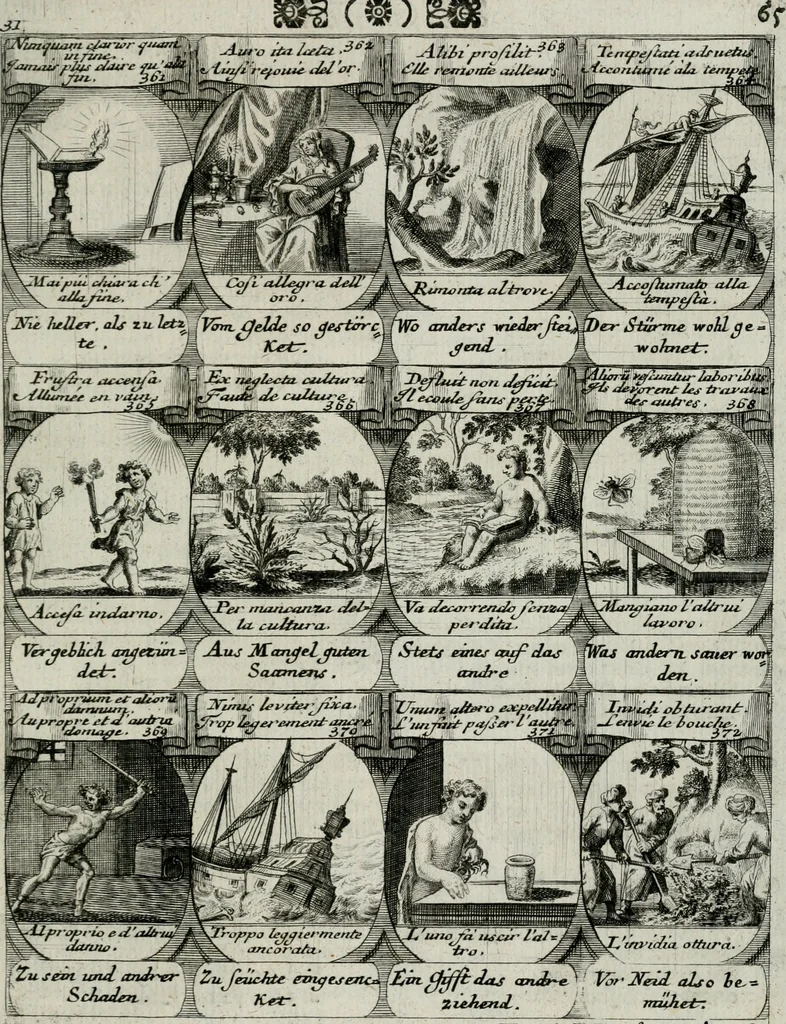 An illustration from M. Laurentii Wolfgangi Woyttens Emblematischer Parnassus : worauf die Musen, ihre Blumen-lese zu allerhand Freuden und Trauer-kränken halten. Um den Lob-werthen Tugend-chor durch angenehme rosen hergegen das ungezähmte Laster-thun mit wildem Dorn- und Distel-flor zu krönen, 1727, leaf 246