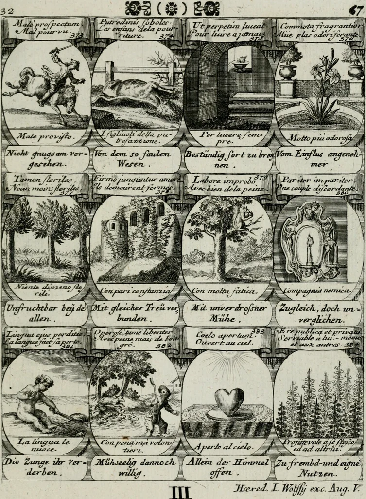An illustration from M. Laurentii Wolfgangi Woyttens Emblematischer Parnassus : worauf die Musen, ihre Blumen-lese zu allerhand Freuden und Trauer-kränken halten. Um den Lob-werthen Tugend-chor durch angenehme rosen hergegen das ungezähmte Laster-thun mit wildem Dorn- und Distel-flor zu krönen, 1727, leaf 248