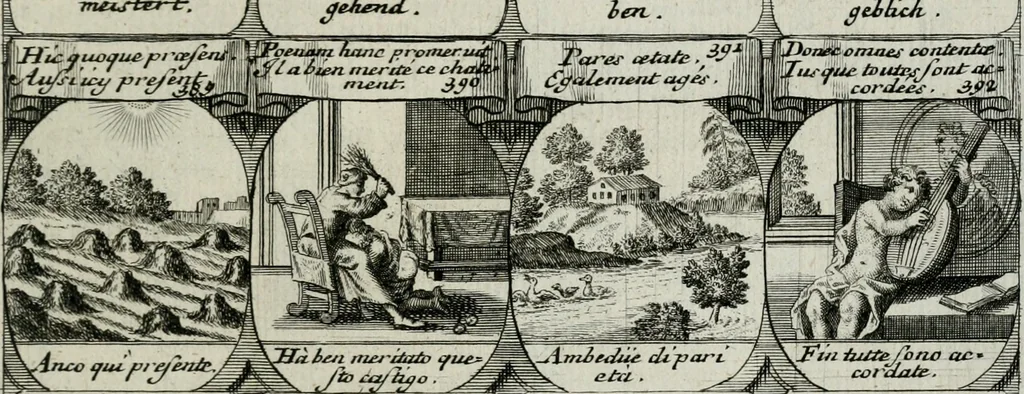 An illustration from M. Laurentii Wolfgangi Woyttens Emblematischer Parnassus : worauf die Musen, ihre Blumen-lese zu allerhand Freuden und Trauer-kränken halten. Um den Lob-werthen Tugend-chor durch angenehme rosen hergegen das ungezähmte Laster-thun mit wildem Dorn- und Distel-flor zu krönen, 1727, leaf 250