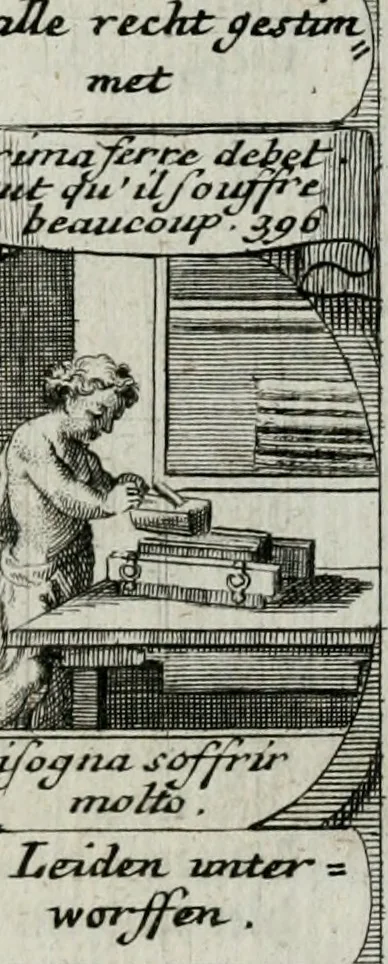 An illustration from M. Laurentii Wolfgangi Woyttens Emblematischer Parnassus : worauf die Musen, ihre Blumen-lese zu allerhand Freuden und Trauer-kränken halten. Um den Lob-werthen Tugend-chor durch angenehme rosen hergegen das ungezähmte Laster-thun mit wildem Dorn- und Distel-flor zu krönen, 1727, leaf 250