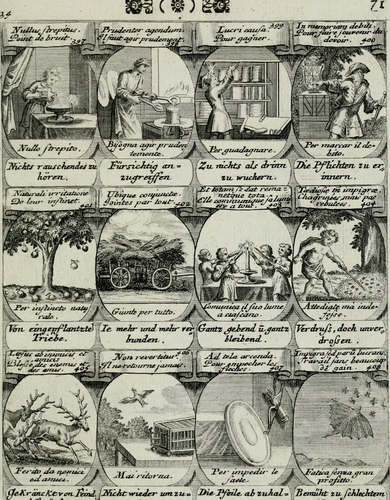 An illustration from M. Laurentii Wolfgangi Woyttens Emblematischer Parnassus : worauf die Musen, ihre Blumen-lese zu allerhand Freuden und Trauer-kränken halten. Um den Lob-werthen Tugend-chor durch angenehme rosen hergegen das ungezähmte Laster-thun mit wildem Dorn- und Distel-flor zu krönen, 1727, leaf 252