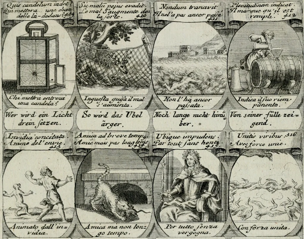 An illustration from M. Laurentii Wolfgangi Woyttens Emblematischer Parnassus : worauf die Musen, ihre Blumen-lese zu allerhand Freuden und Trauer-kränken halten. Um den Lob-werthen Tugend-chor durch angenehme rosen hergegen das ungezähmte Laster-thun mit wildem Dorn- und Distel-flor zu krönen, 1727, leaf 254