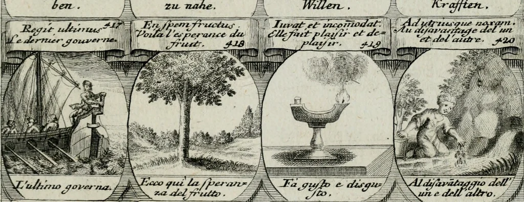 An illustration from M. Laurentii Wolfgangi Woyttens Emblematischer Parnassus : worauf die Musen, ihre Blumen-lese zu allerhand Freuden und Trauer-kränken halten. Um den Lob-werthen Tugend-chor durch angenehme rosen hergegen das ungezähmte Laster-thun mit wildem Dorn- und Distel-flor zu krönen, 1727, leaf 254