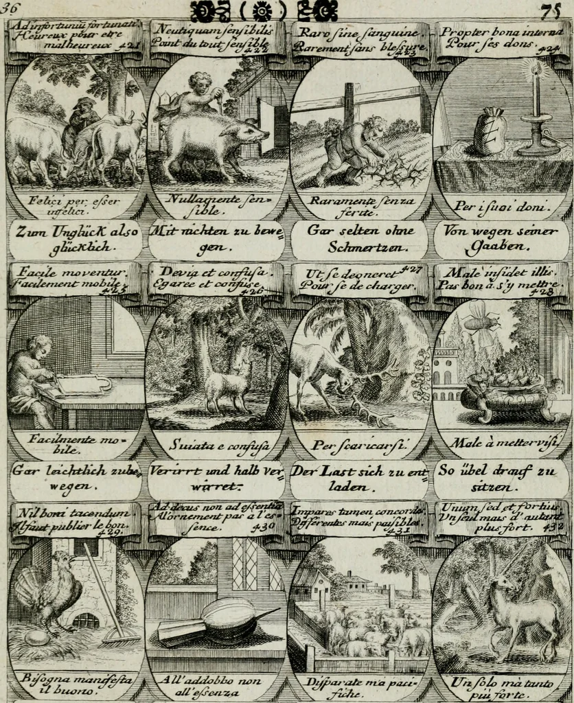 An illustration from M. Laurentii Wolfgangi Woyttens Emblematischer Parnassus : worauf die Musen, ihre Blumen-lese zu allerhand Freuden und Trauer-kränken halten. Um den Lob-werthen Tugend-chor durch angenehme rosen hergegen das ungezähmte Laster-thun mit wildem Dorn- und Distel-flor zu krönen, 1727, leaf 256