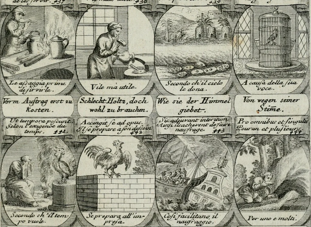An illustration from M. Laurentii Wolfgangi Woyttens Emblematischer Parnassus : worauf die Musen, ihre Blumen-lese zu allerhand Freuden und Trauer-kränken halten. Um den Lob-werthen Tugend-chor durch angenehme rosen hergegen das ungezähmte Laster-thun mit wildem Dorn- und Distel-flor zu krönen, 1727, leaf 258