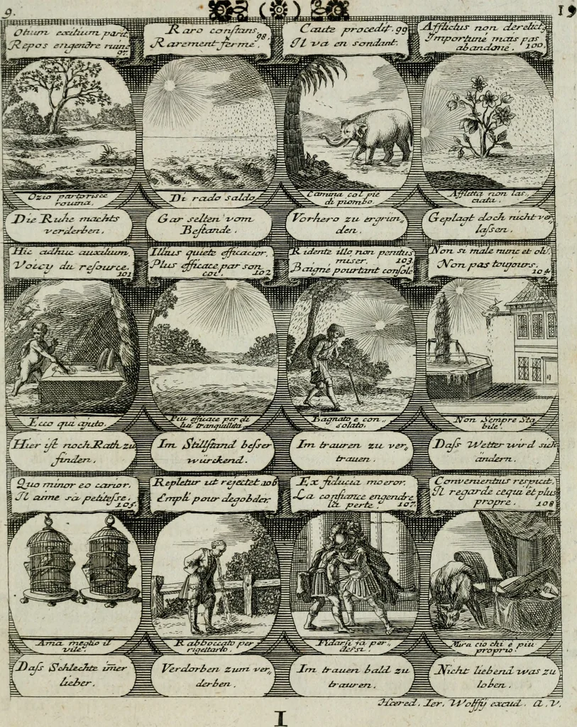 An illustration from M. Laurentii Wolfgangi Woyttens Emblematischer Parnassus : worauf die Musen, ihre Blumen-lese zu allerhand Freuden und Trauer-kränken halten. Um den Lob-werthen Tugend-chor durch angenehme rosen hergegen das ungezähmte Laster-thun mit wildem Dorn- und Distel-flor zu krönen, 1727, leaf 26