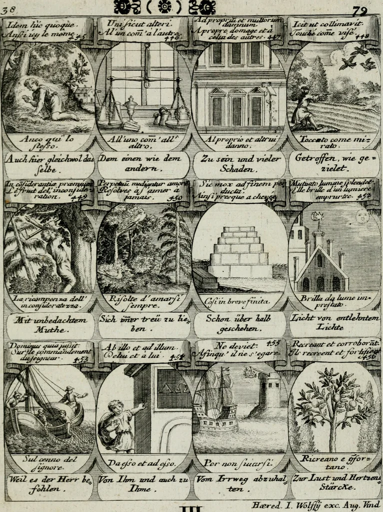 An illustration from M. Laurentii Wolfgangi Woyttens Emblematischer Parnassus : worauf die Musen, ihre Blumen-lese zu allerhand Freuden und Trauer-kränken halten. Um den Lob-werthen Tugend-chor durch angenehme rosen hergegen das ungezähmte Laster-thun mit wildem Dorn- und Distel-flor zu krönen, 1727, leaf 260
