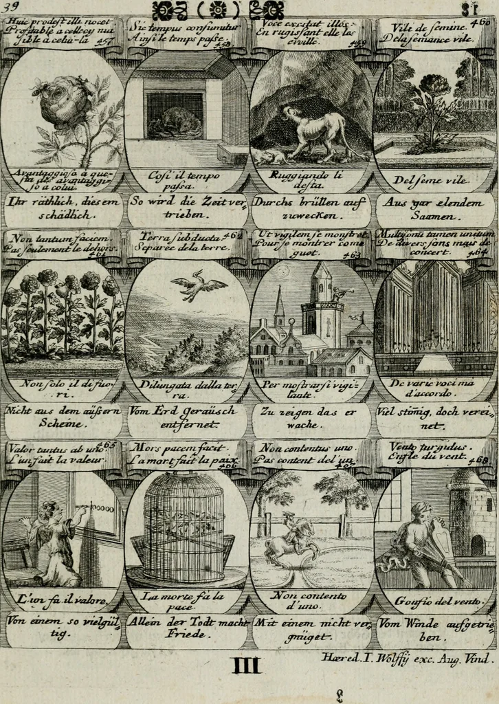 An illustration from M. Laurentii Wolfgangi Woyttens Emblematischer Parnassus : worauf die Musen, ihre Blumen-lese zu allerhand Freuden und Trauer-kränken halten. Um den Lob-werthen Tugend-chor durch angenehme rosen hergegen das ungezähmte Laster-thun mit wildem Dorn- und Distel-flor zu krönen, 1727, leaf 262