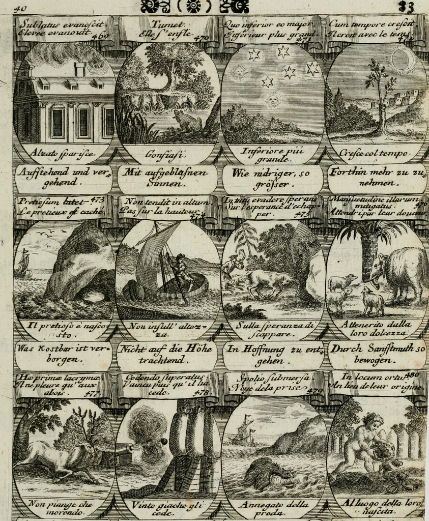 An illustration from M. Laurentii Wolfgangi Woyttens Emblematischer Parnassus : worauf die Musen, ihre Blumen-lese zu allerhand Freuden und Trauer-kränken halten. Um den Lob-werthen Tugend-chor durch angenehme rosen hergegen das ungezähmte Laster-thun mit wildem Dorn- und Distel-flor zu krönen, 1727, leaf 264