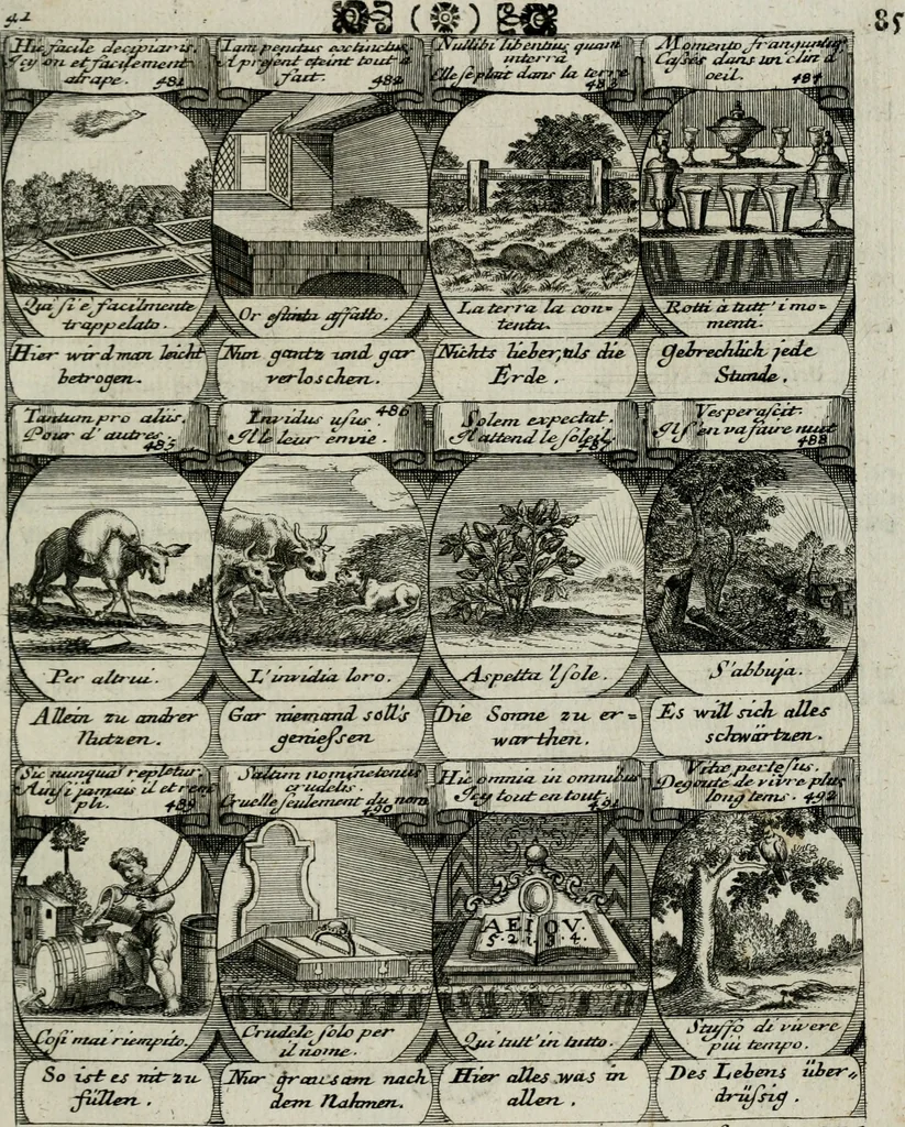 An illustration from M. Laurentii Wolfgangi Woyttens Emblematischer Parnassus : worauf die Musen, ihre Blumen-lese zu allerhand Freuden und Trauer-kränken halten. Um den Lob-werthen Tugend-chor durch angenehme rosen hergegen das ungezähmte Laster-thun mit wildem Dorn- und Distel-flor zu krönen, 1727, leaf 266