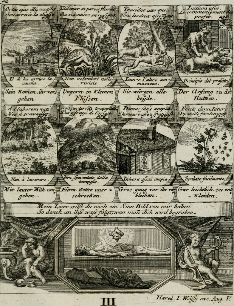 An illustration from M. Laurentii Wolfgangi Woyttens Emblematischer Parnassus : worauf die Musen, ihre Blumen-lese zu allerhand Freuden und Trauer-kränken halten. Um den Lob-werthen Tugend-chor durch angenehme rosen hergegen das ungezähmte Laster-thun mit wildem Dorn- und Distel-flor zu krönen, 1727, leaf 268