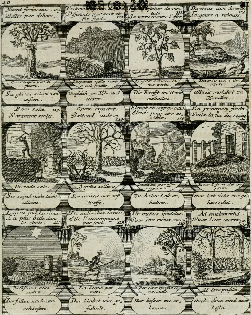 An illustration from M. Laurentii Wolfgangi Woyttens Emblematischer Parnassus : worauf die Musen, ihre Blumen-lese zu allerhand Freuden und Trauer-kränken halten. Um den Lob-werthen Tugend-chor durch angenehme rosen hergegen das ungezähmte Laster-thun mit wildem Dorn- und Distel-flor zu krönen, 1727, leaf 28