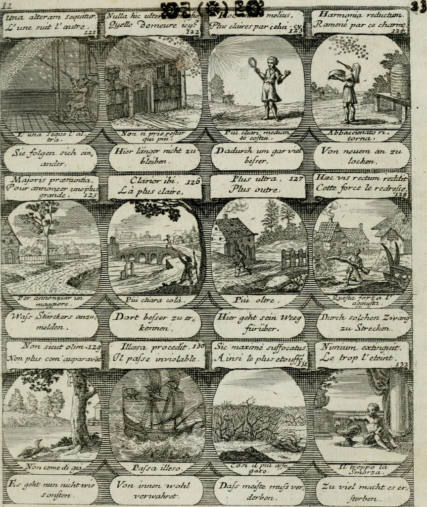 An illustration from M. Laurentii Wolfgangi Woyttens Emblematischer Parnassus : worauf die Musen, ihre Blumen-lese zu allerhand Freuden und Trauer-kränken halten. Um den Lob-werthen Tugend-chor durch angenehme rosen hergegen das ungezähmte Laster-thun mit wildem Dorn- und Distel-flor zu krönen, 1727, leaf 30