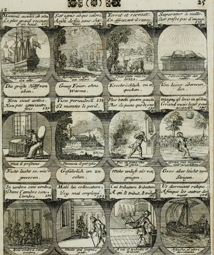 An illustration from M. Laurentii Wolfgangi Woyttens Emblematischer Parnassus : worauf die Musen, ihre Blumen-lese zu allerhand Freuden und Trauer-kränken halten. Um den Lob-werthen Tugend-chor durch angenehme rosen hergegen das ungezähmte Laster-thun mit wildem Dorn- und Distel-flor zu krönen, 1727, leaf 32