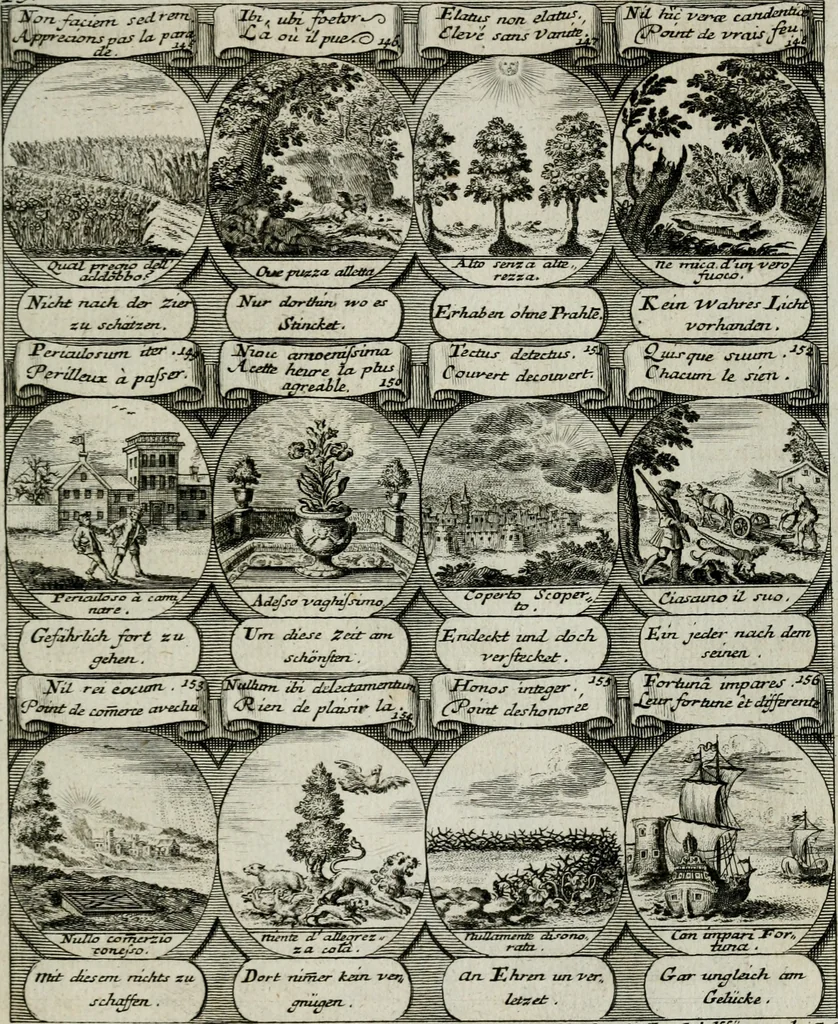 An illustration from M. Laurentii Wolfgangi Woyttens Emblematischer Parnassus : worauf die Musen, ihre Blumen-lese zu allerhand Freuden und Trauer-kränken halten. Um den Lob-werthen Tugend-chor durch angenehme rosen hergegen das ungezähmte Laster-thun mit wildem Dorn- und Distel-flor zu krönen, 1727, leaf 34