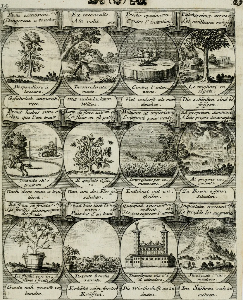 An illustration from M. Laurentii Wolfgangi Woyttens Emblematischer Parnassus : worauf die Musen, ihre Blumen-lese zu allerhand Freuden und Trauer-kränken halten. Um den Lob-werthen Tugend-chor durch angenehme rosen hergegen das ungezähmte Laster-thun mit wildem Dorn- und Distel-flor zu krönen, 1727, leaf 36