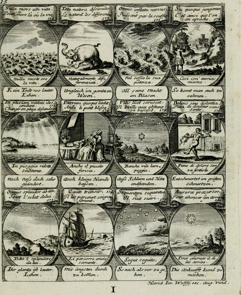 An illustration from M. Laurentii Wolfgangi Woyttens Emblematischer Parnassus : worauf die Musen, ihre Blumen-lese zu allerhand Freuden und Trauer-kränken halten. Um den Lob-werthen Tugend-chor durch angenehme rosen hergegen das ungezähmte Laster-thun mit wildem Dorn- und Distel-flor zu krönen, 1727, leaf 38