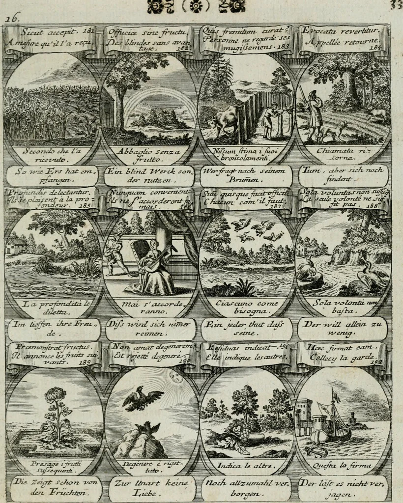 An illustration from M. Laurentii Wolfgangi Woyttens Emblematischer Parnassus : worauf die Musen, ihre Blumen-lese zu allerhand Freuden und Trauer-kränken halten. Um den Lob-werthen Tugend-chor durch angenehme rosen hergegen das ungezähmte Laster-thun mit wildem Dorn- und Distel-flor zu krönen, 1727, leaf 40